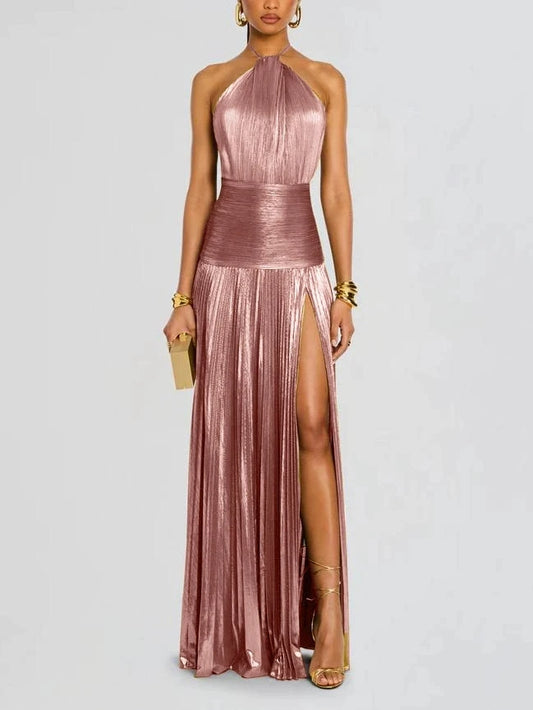 Women's Gold Halter Neck Evening Dress | Chic Solid Color Pleated Backless Party Gown | Slim Fit Package Hip Slit Maxi Dress | Trendy Summer Streetwear Vestido Model 8155 Luxegan