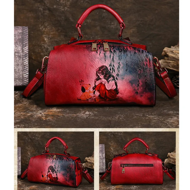 Vintage Women Luxury Leather Handbag For Female Bag Luxury Designer Hand Drawn Cartoon Pattern Ladies Shoulder Bags Luxegan