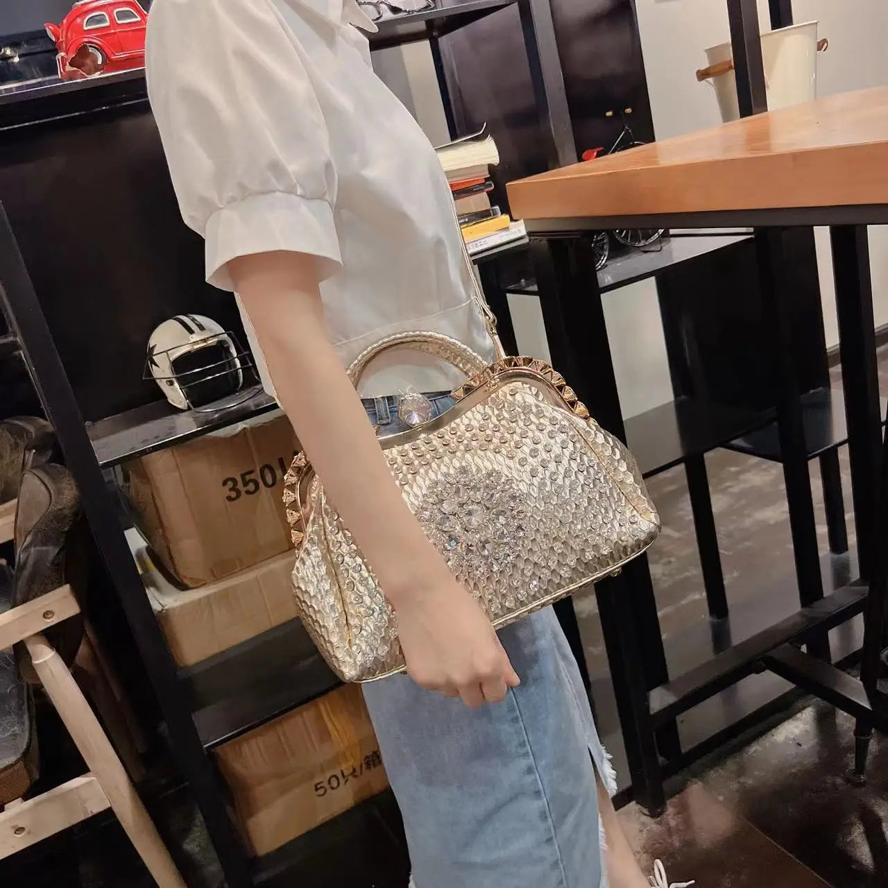 PU Leather Serpentine Frame Bag | Hard Rhinestones Top-Handle Crossbody Luxegan