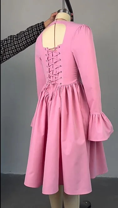 Flare Sleeve Pleated Backless Midi Dress | O-Neck Empire Waist Elegant Beach Party Dress Luxegan