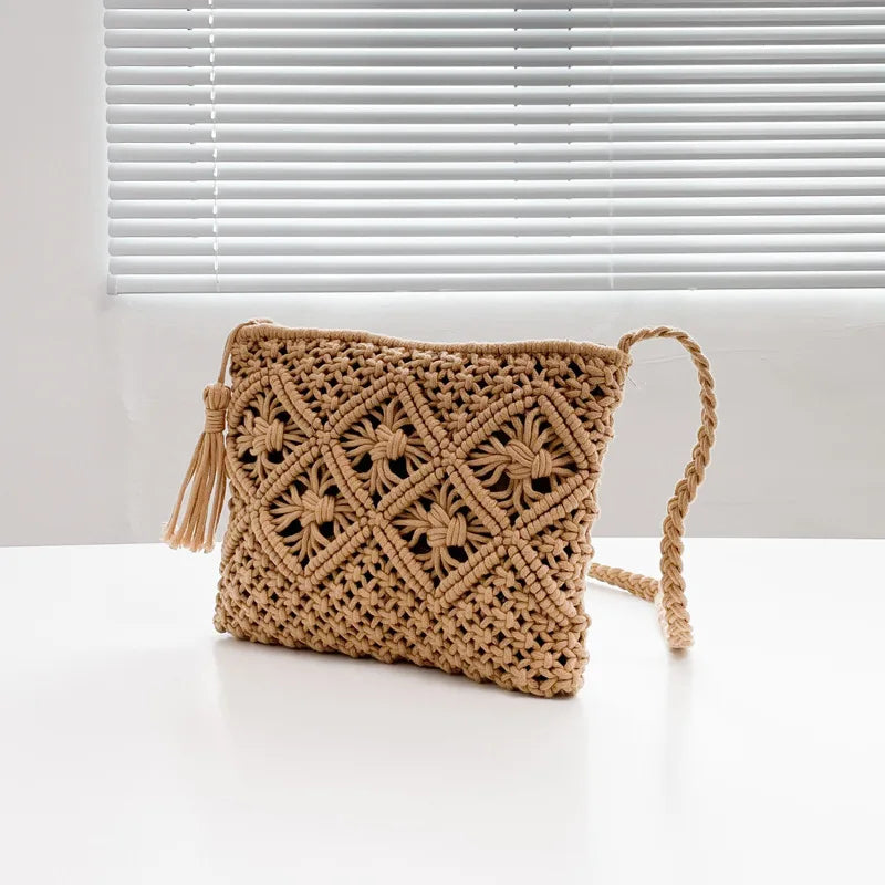 Summer Hollow-Knit Straw Bag | Sophisticated Tassel-Decorated Shoulder Messenger | Elegant Beach Travel Crossbody | "Dignified" Soft Cotton-Rope Pouch for Versatile Vacation Styling Luxegan