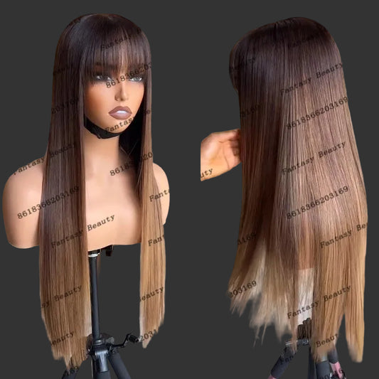 Long Silky Straight Ombre Golden Brown HD Lace Wig | Sophisticated 13x6 &amp; 5x5 Transparent Lace | Elegant "Remy Human Hair" Silhouette | "Dignified" Glueless 18-24 Inch Natural Straight for Radiant Versatile Styling Luxegan