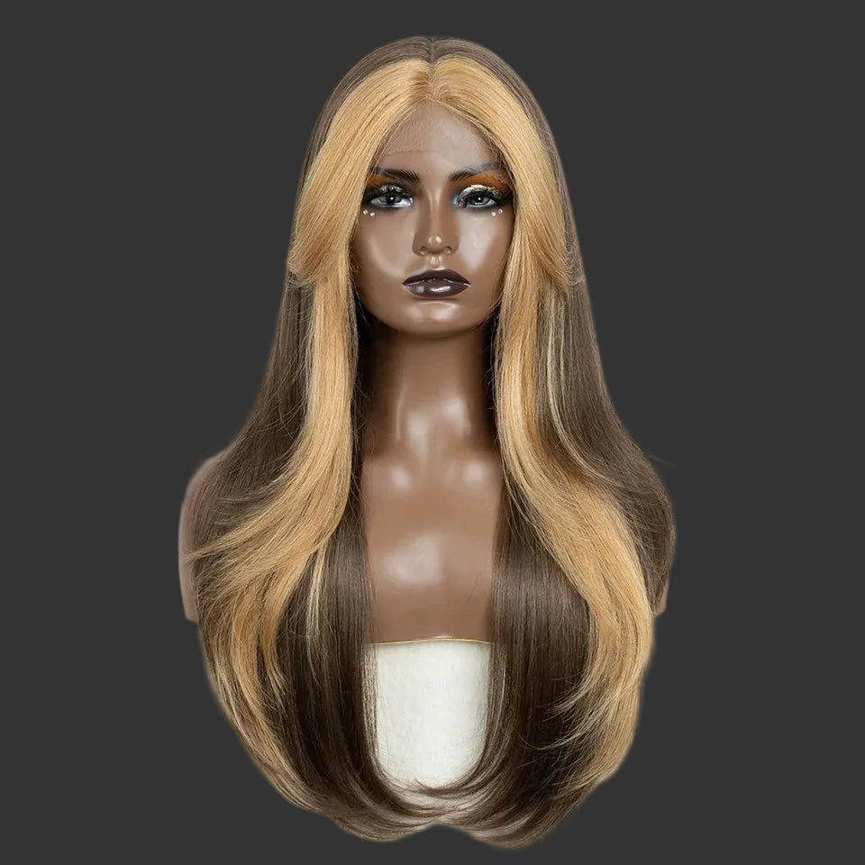 26-Inch Ombre Brown Highlight Blonde Synthetic Lace Front Wig with Bangs - Long Straight High Temperature Fiber Swiss Lace Wig - Transparent Lace Glueless Wig for Daily Use & Cosplay (197g) Luxegan