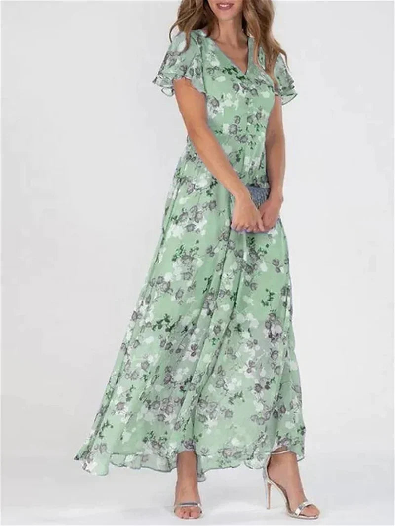Women's Elegant Small Flower Print Dress | Sweet Style Ruffle V-Neck Pullover Gown | Summer Office Lady High Waist Dress | Premium Knit Regular Fit A-Line Floor-Length Vestido Model H8806A Luxegan