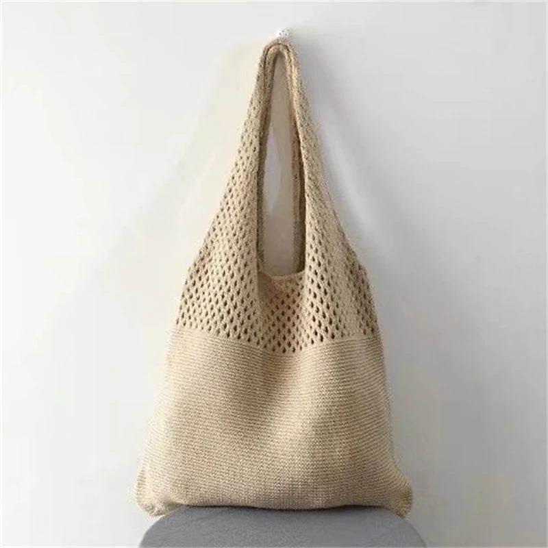 New Trend Women's Crochet Handbag | Retro Knitted Braid Solid Color Hollow Top-Handle Tote Bag (Black Khaki Shopper) Luxegan