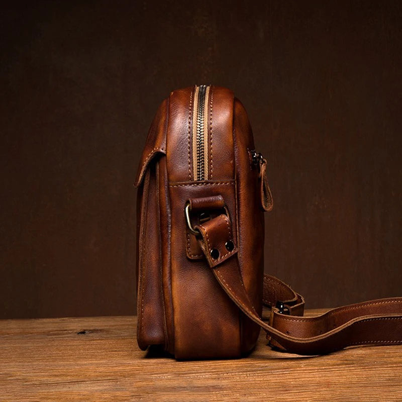 Retro Casual Joker Leather Messenger | Genuine Leather Vertical Shoulder Bag | Small Commuter Tide Bag with Baotou Design (Model 7348) Luxegan