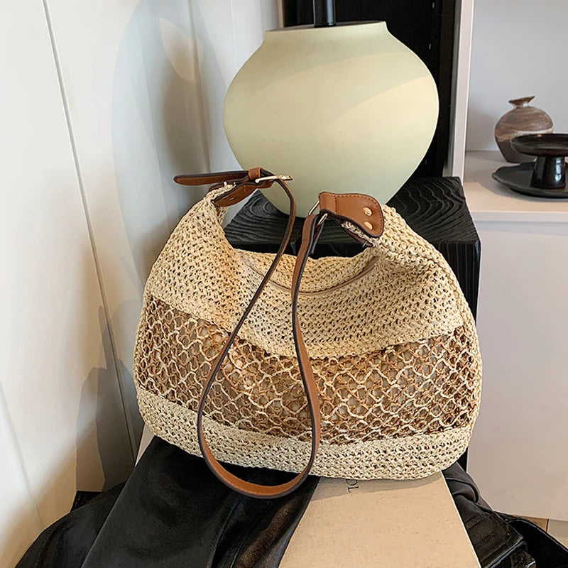 Large Capacity Summer Straw Weaving Shoulder Bag | Women's Handmade Crochet Beach Handbag & Woven Hollow Out Underarm Knitting Bag Luxegan