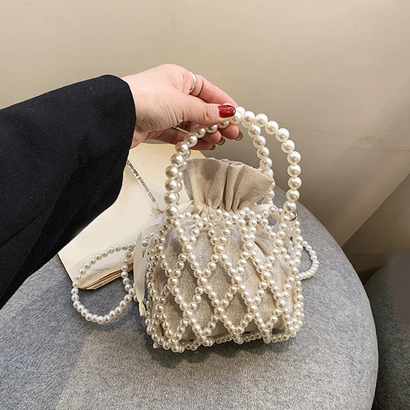 Luxury Pearl Women’s Bucket Tote | Sophisticated Woven Pearl Crossbody Bag | Elegant Small Wallet Handbag | Fashion-Forward "Dignified" Drawstring Purse with Bow Decoration Luxegan