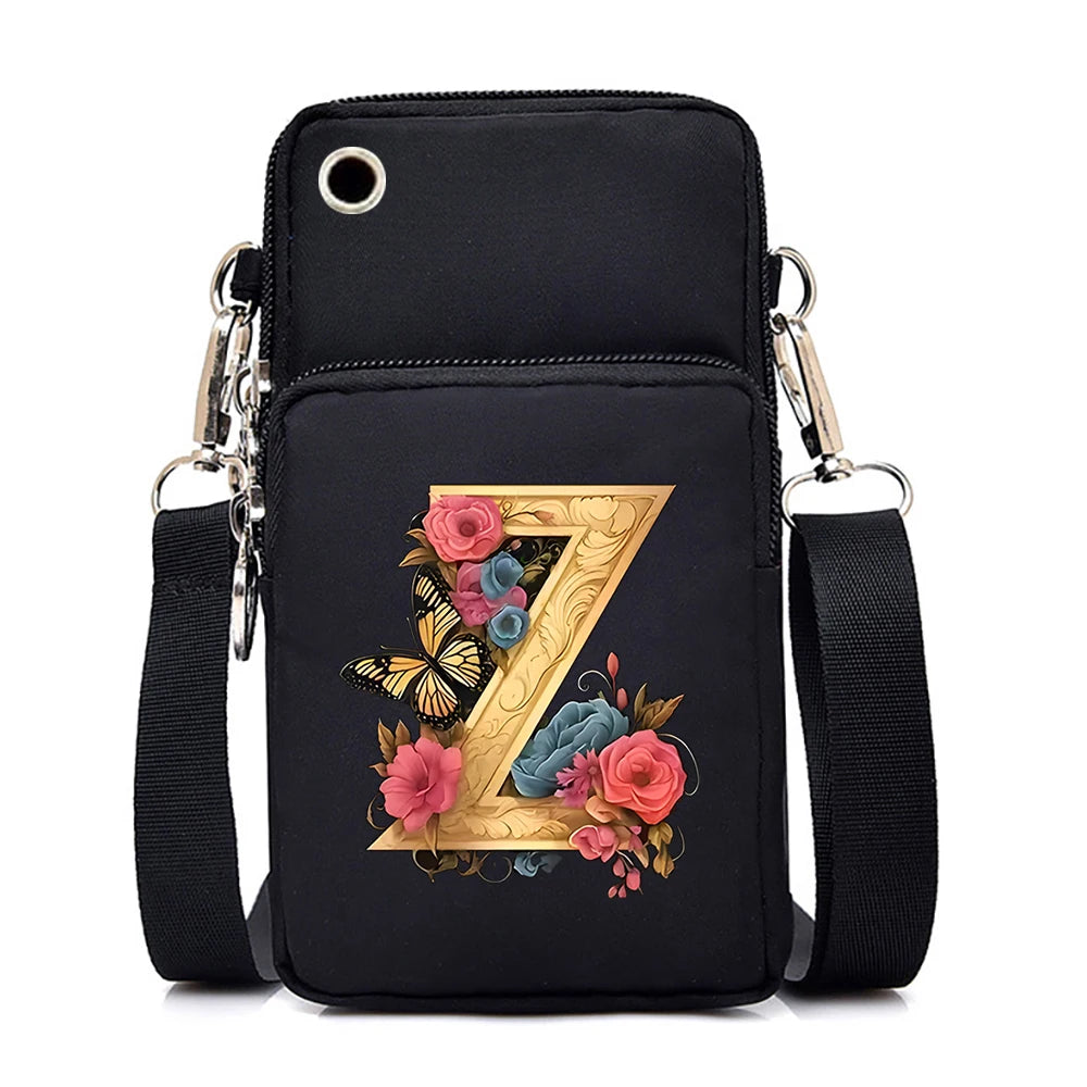 Women’s Small Crossbody Mobile Phone Bag | Sophisticated Vintage Flower & Alphabet Purse | Elegant Mini Messenger with Soft Leather Strap | Fashion-Forward Cartoon Applique Shoulder Bag (Model 858) Luxegan