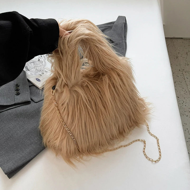Soft Plush Faux Fur Handbag | Winter Chain Crossbody & Clutch Luxegan