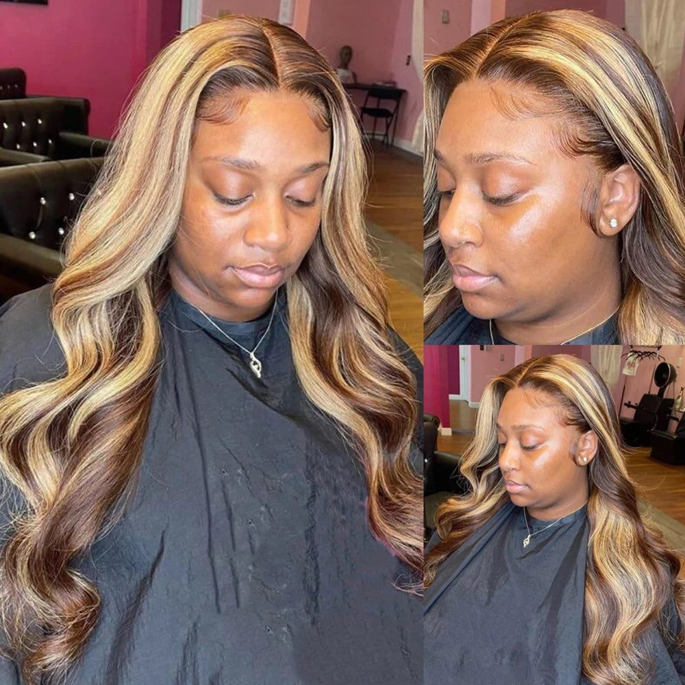 Honey Blonde Highlight Body Wave HD Lace Wig | Sophisticated 13x6 Transparent Frontal | Elegant "Brazilian Remy" Silhouette | "Dignified" Pre-Plucked Ombre Colored Human Hair for Radiant Versatile Styling Luxegan