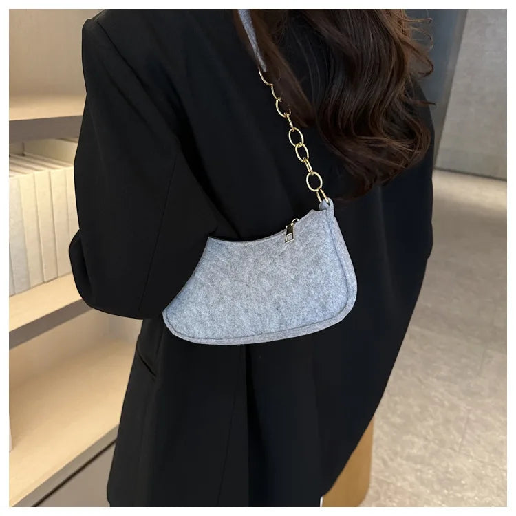 Fashion Felt Mini Shoulder Bag for Women | Design Advanced Crescent Saddle Underarm Handbag with Chain Detail Luxegan