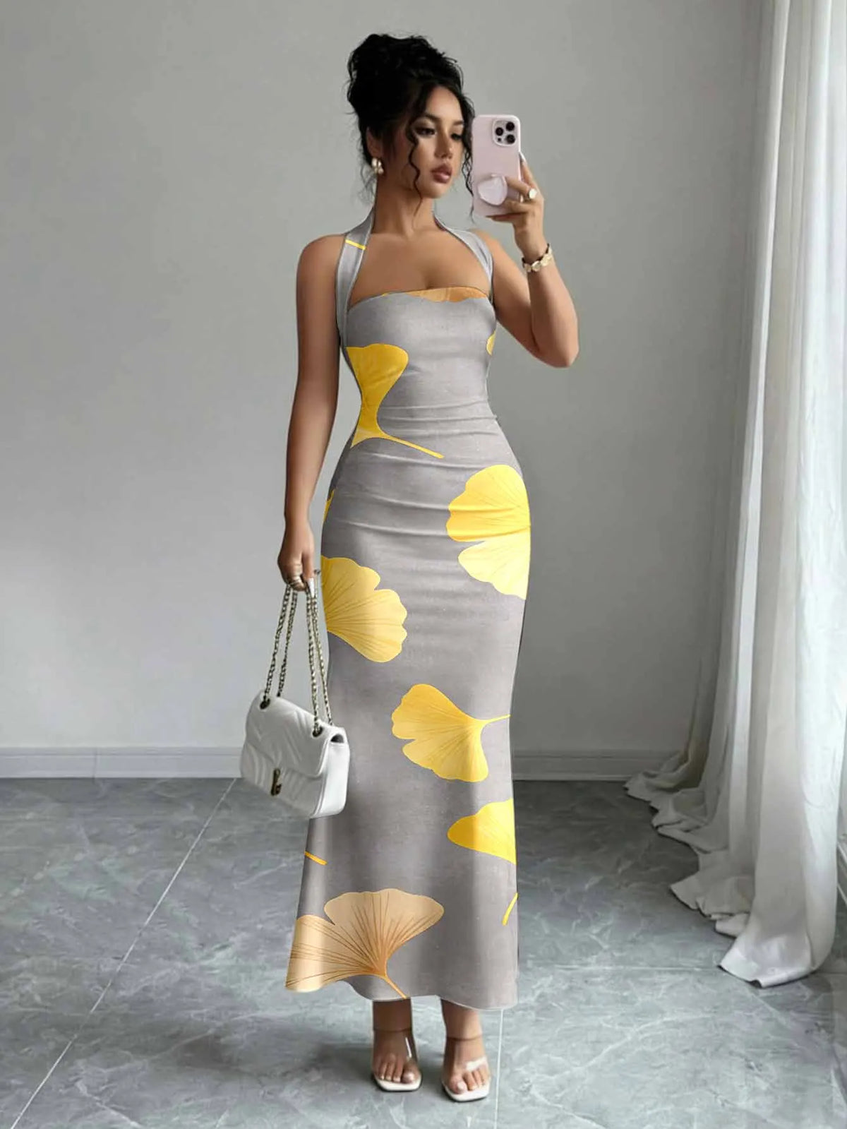 Print Slash Neck Spaghetti Strap Sleeveless Zip Detail Regular Fit Sheath Ankle-Length Dress – Slight Stretch Polyester-Elastane, Summer Luxegan