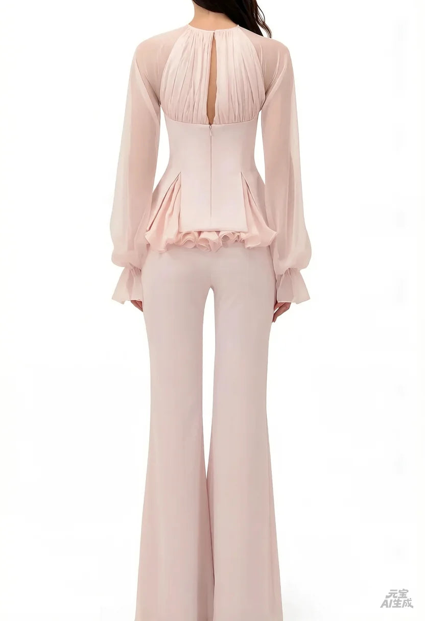 Customized Light Pink Elegant Pantsuit Evening Dresses Sheer Long Sleeves Wedding Party Dress Pleats Ruched Formal Prom Gown