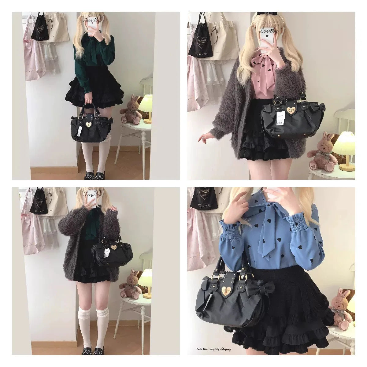 Kawaii Lolita Heart Handbag | Sweet Bow & Sequin Crossbody Purse Luxegan