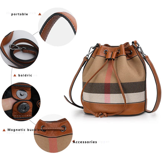 Checkered Plaid Canvas & Cowhide Bucket Bag | Women's Fashion Drawstring Crossbody | Caramel Leather Trimmed Shoulder Purse | Versatile Plaid Bucket Handbag Luxegan
