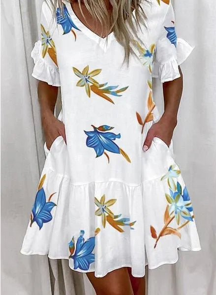 Plaid & Print V-Neck Butterfly Sleeve Regular Fit A-Line Mini Dress – Natural Waist, Spring/Summer Luxegan