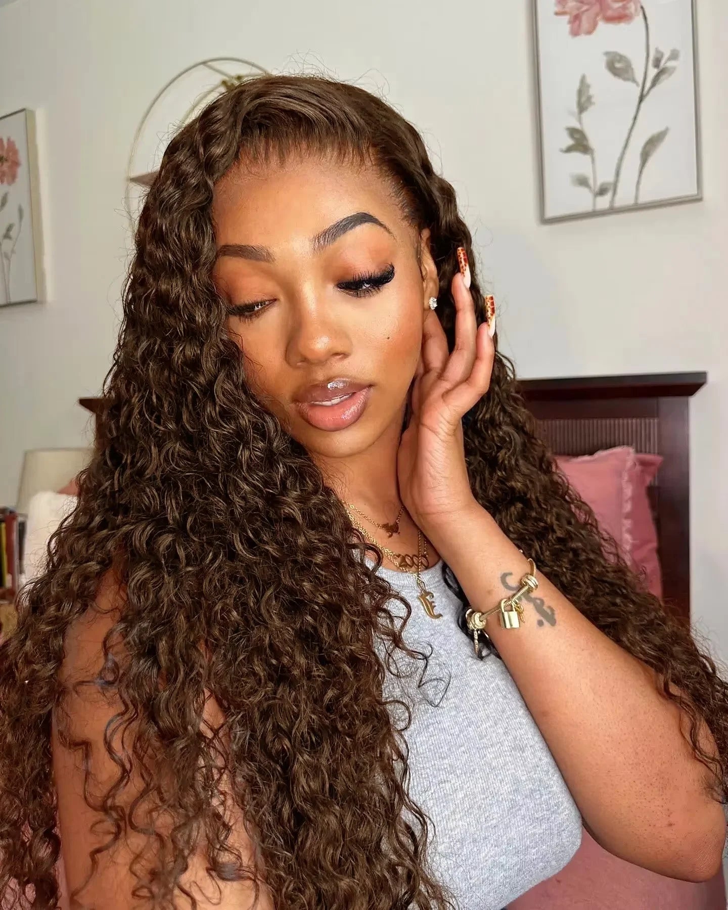 24-Inch Deep Curly Chocolate Brown HD Lace Wig | Sophisticated 13x6 & 13x4 Transparent Frontal | Elegant "Brazilian Remy" 4# Colored Silhouette | "Dignified" Water Wave Human Hair for Radiant Versatile Styling Luxegan