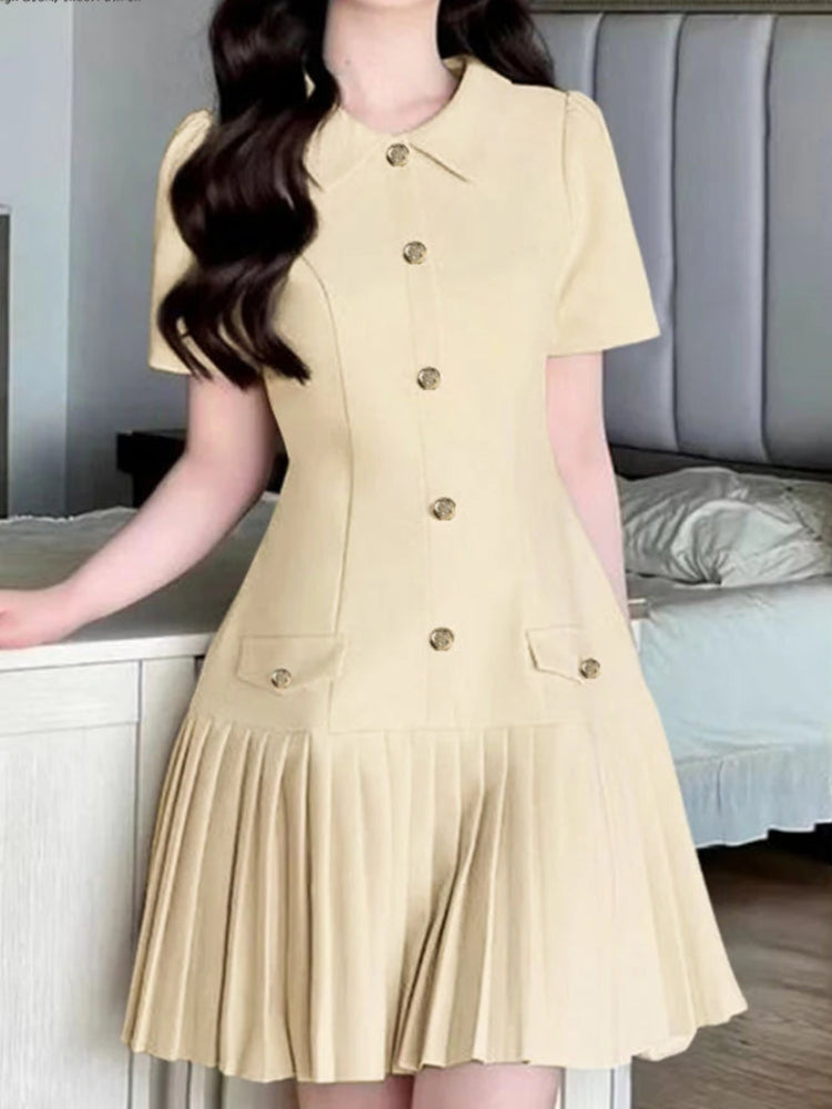 Pleated Lapel Mini Dress | Short Sleeve Button-Trim Work & Casual Sundress Luxegan