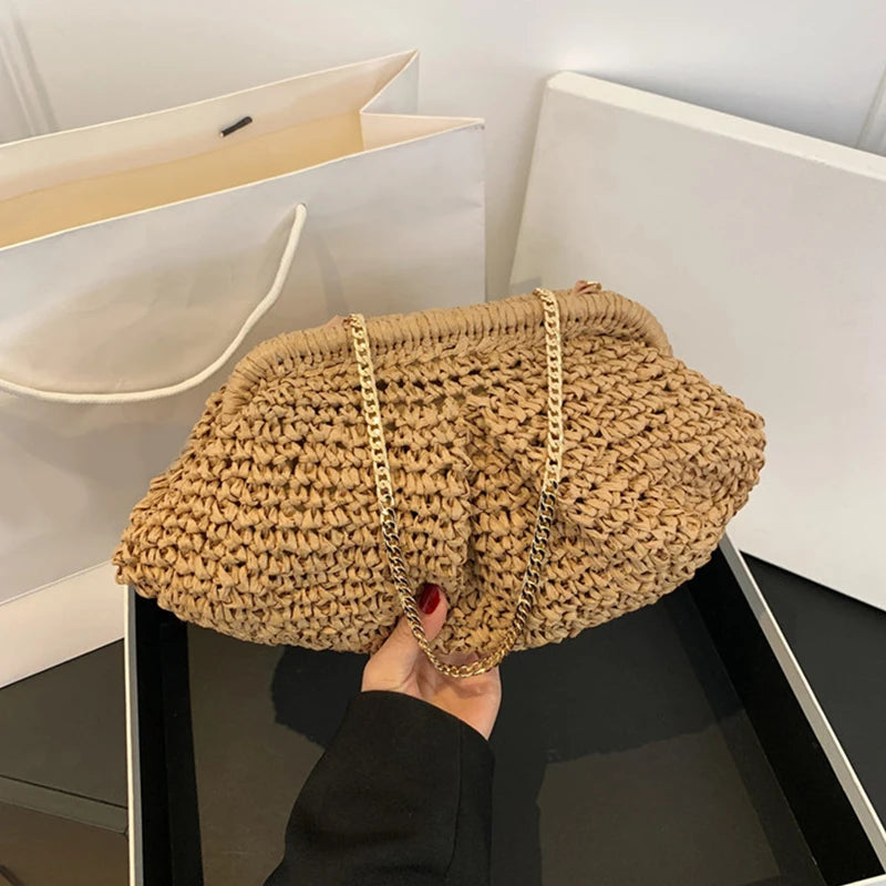 Bohemian Straw Dumpling Clutch Bag | Woven Straw Tote Purse for Women (Summer Beach Bag, Wicker Clutch) Luxegan
