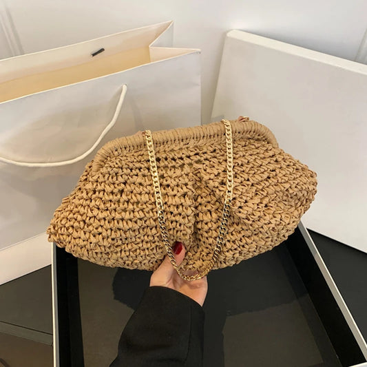 Bohemian Straw Dumpling Clutch Bag | Woven Straw Tote Purse for Women (Summer Beach Bag, Wicker Clutch) Luxegan