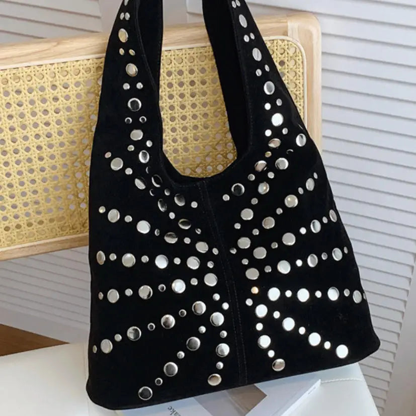 Women's Fashion Punk Metal Rivet Bucket Bag | High-End PU Suede Underarm Shoulder Tote | New Retro Trendy Motorcycle Handbag | Premium Solid Color Shoulder Bag with Hasp Closure Luxegan