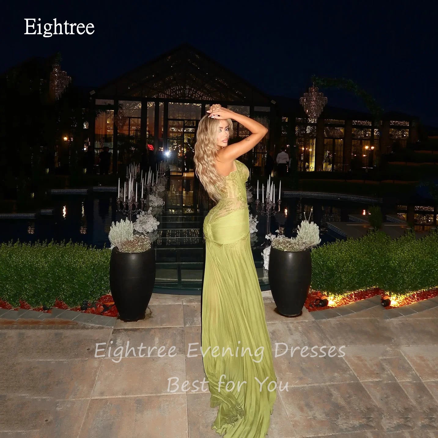 Glamorous Halter Mustard Green Prom Gown | Sexy Backless Organza Mermaid Evening Dress | Pleated Draped Floor-Length Formal Party Gown Luxegan