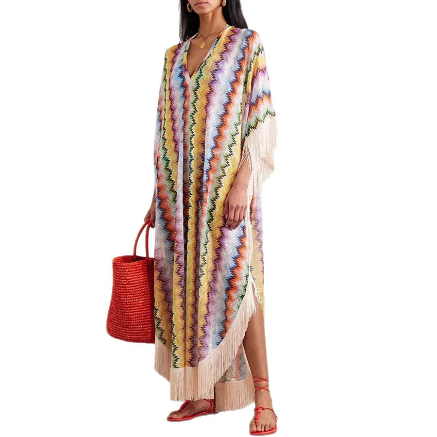 Wave Print V-Neck Short Sleeve Loose Fit A-Line Ankle-Length Dress – Natural Waist, Spring/Summer Luxegan