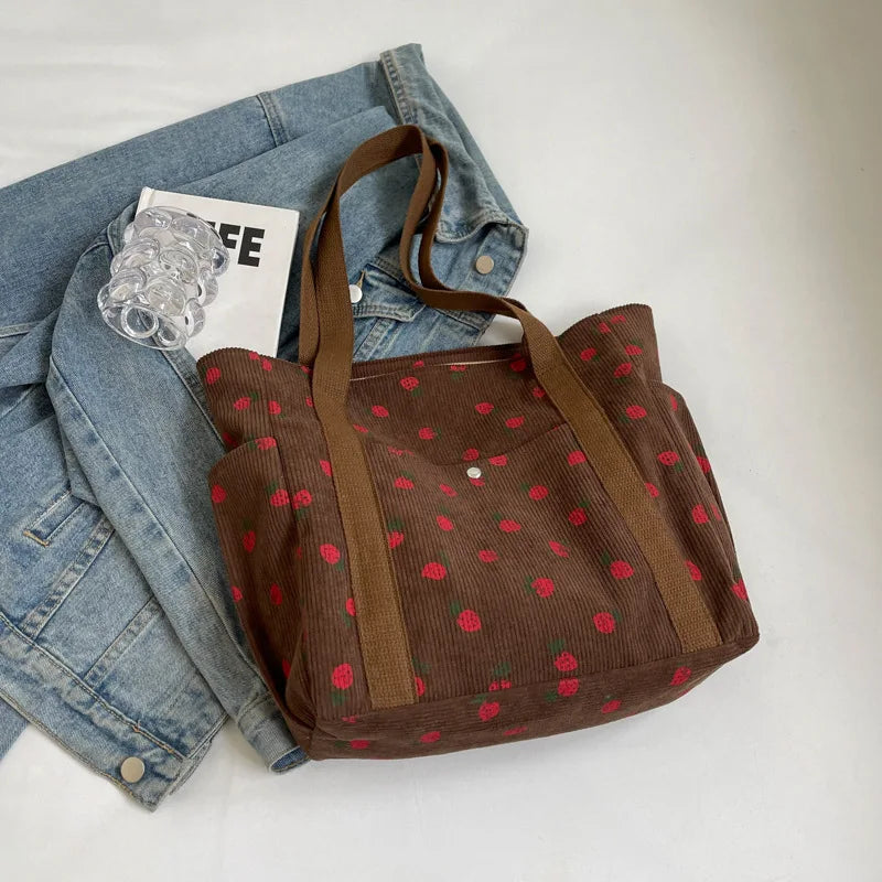Corduroy Fruit Print Handbag | Sweet Girl Zippered Underarm Bag Luxegan