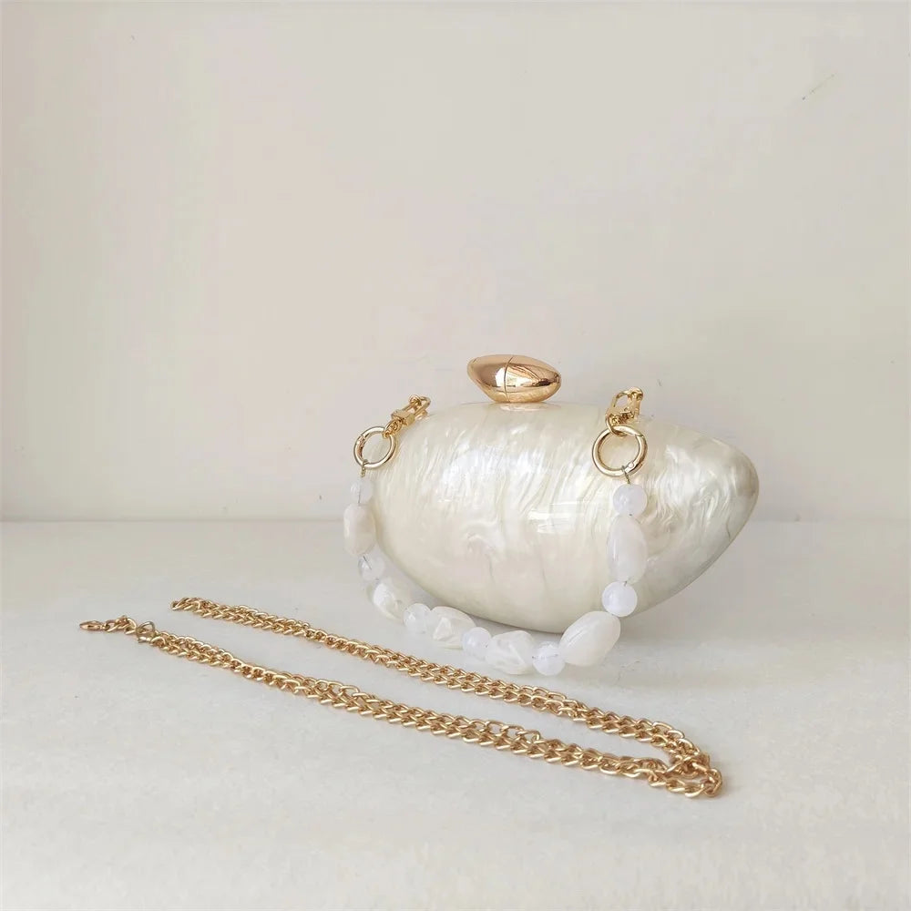 Hard Acrylic Marble Box Clutch | Pearl Chain Evening & Bridal Handbag