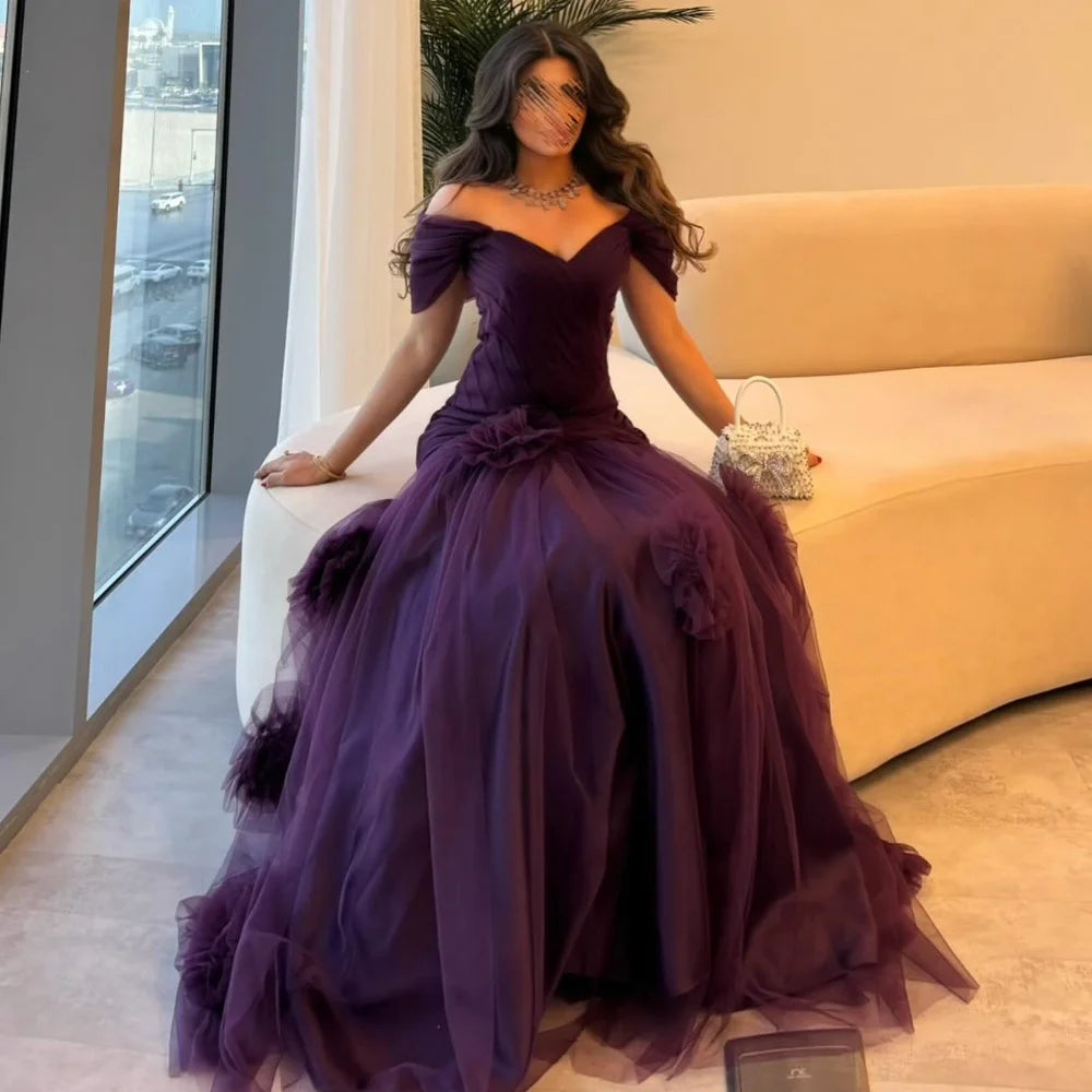 Handmade Flower Tulle A-Line Off-Shoulder Gown | Bespoke Formal Evening Dress Luxegan