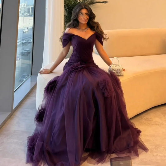 Handmade Flower Tulle A-Line Off-Shoulder Gown | Bespoke Formal Evening Dress Luxegan