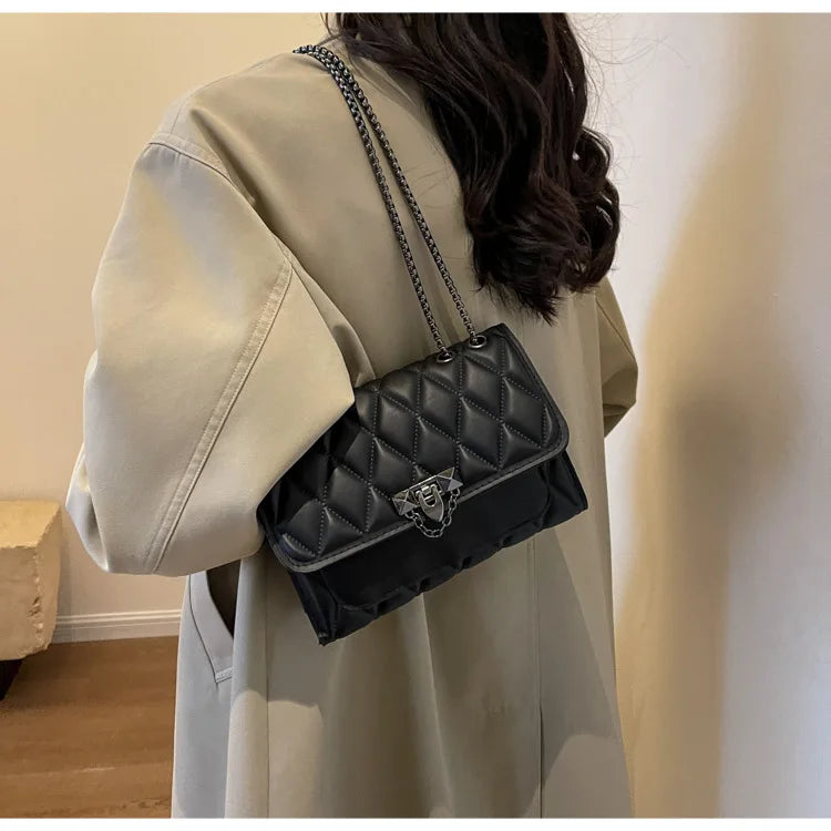 Fashionable Embossed Square Crossbody Bag | Diamond Pattern & Metal Chain Handbag Luxegan