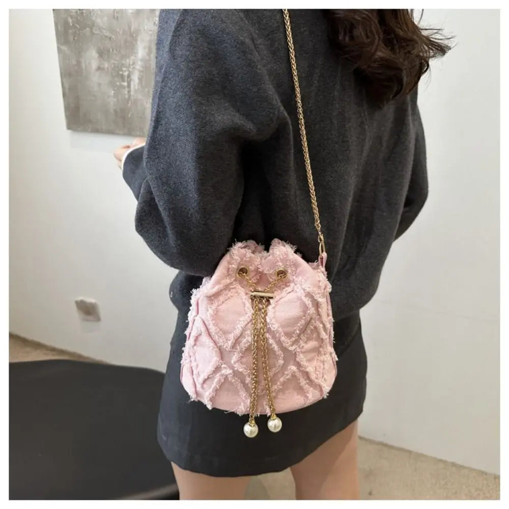 Portable Pearl Denim Bucket Bag | Chain Small Purse Tassel Denim Crossbody Bag | Korean Style Handbag Cloth Shoulder Bag (Casual Tote) Luxegan