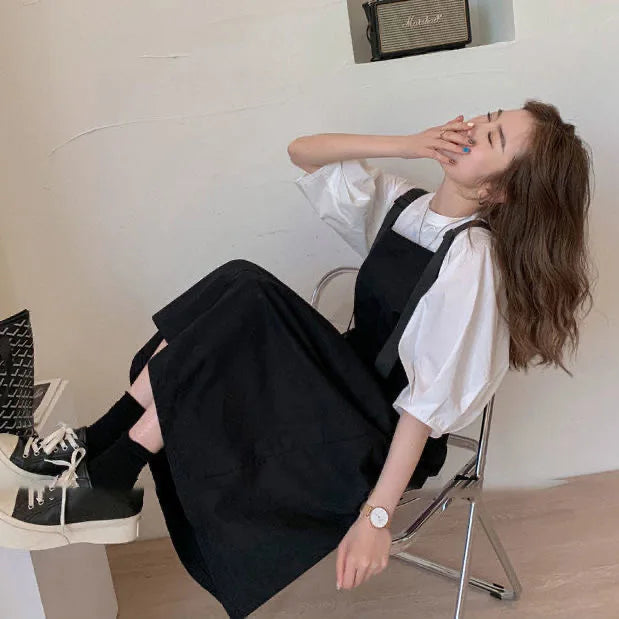 Women's Spring Summer Workwear Overalls Two-Piece Set | Trendy Bubble Puff Sleeve Streetwear Suit | Chic Salt System Casual Outfit | Premium Loose Fit O-Neck Mid-Calf Fashionable Set Luxegan