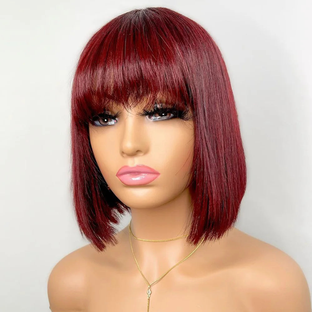 Sleek Bone Straight Short Bob Human Hair Wig with Bangs | Glueless Full Machine-Made Brazilian Remy Human Hair Wig | Classic Fringe Bob for Women (8-14 Inch, Natural Color / #99J Burgundy / Warm Brown) Luxegan