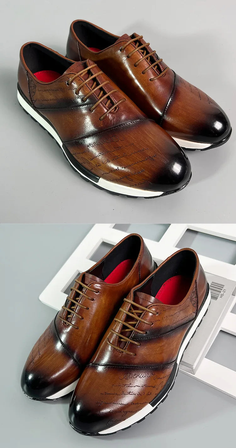 Men's Genuine Leather Oxford Sneakers | Sophisticated Letter Engraving Panel Detail | Elegant "Cow Leather" Lace-Up Casuals | "Dignified" Spring/Autumn Outdoor Daily Shoes for Radiant Versatile Styling Luxegan