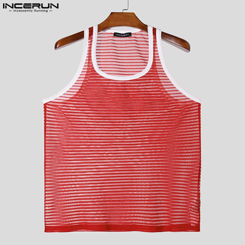 Camisetas informales de moda INCERUN nuevas camisetas sin mangas a rayas transparentes y sexys para hombre, chalecos finos ajustados para discoteca masculina