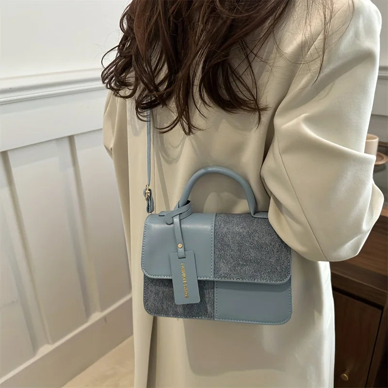 Elegant Geometric Patchwork Satchel Handbag | Vintage PU Leather Crossbody Shoulder Bag | Versatile Soft Tote with Snap Buckle Closure | Everyday Fashion Accessory for Women Luxegan