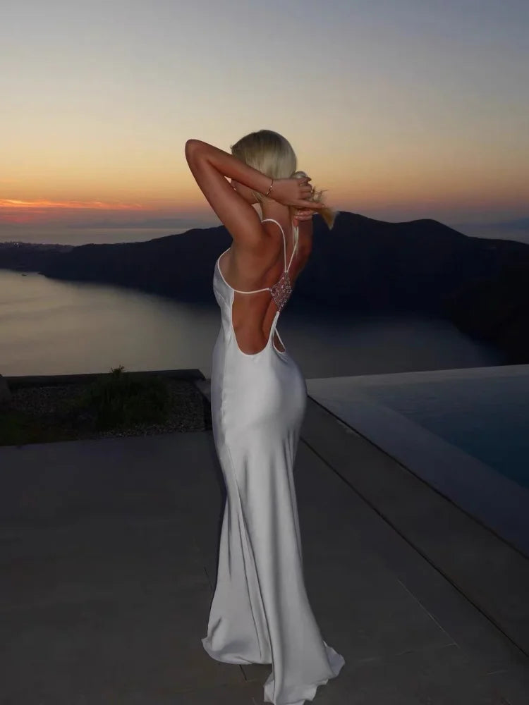 Backless Satin Sleeveless Slash Neck Slim Midi Dress | Sexy Elegant Beach Vacation Summer Dress Luxegan