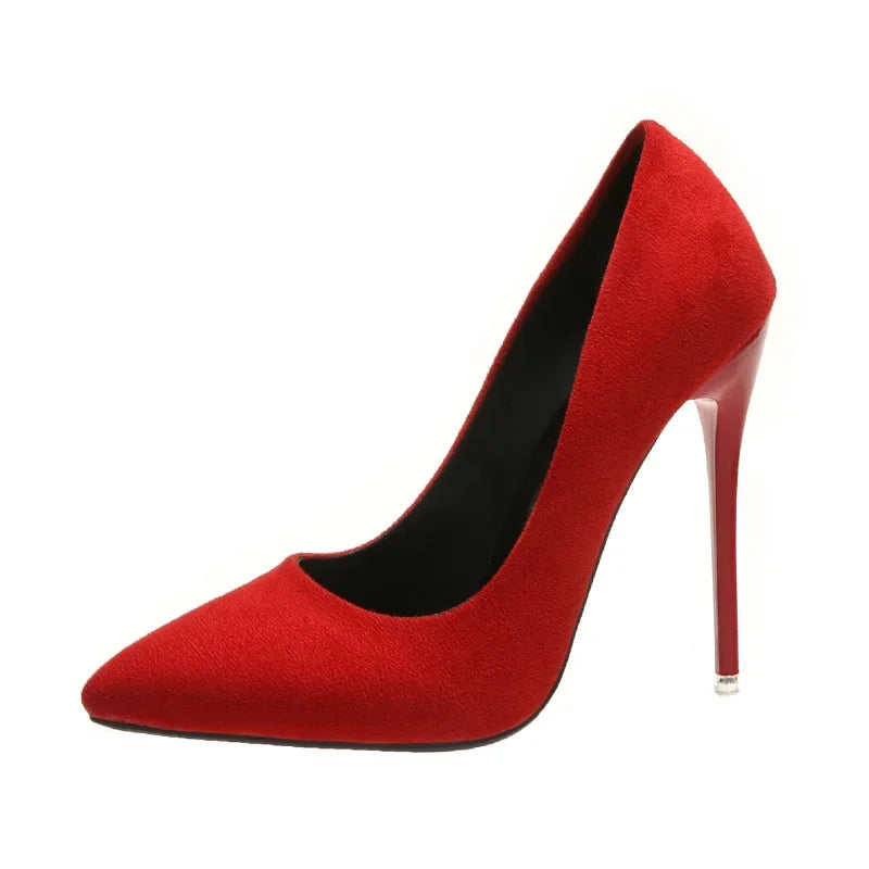 Concise Flock Stiletto Pumps | Sophisticated 11.5cm Pointed Toe High Heels | Elegant "Big Size" 35–45 Wedding Shoes | "Dignified" Classic Red & Gray Office Pumps for Radiant Versatile Styling Luxegan