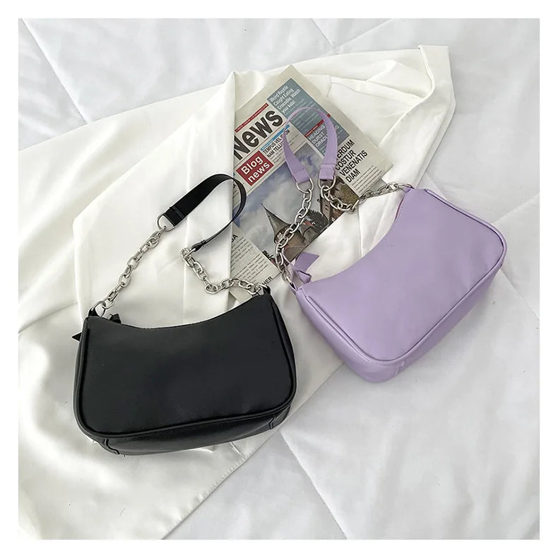 Shoulder Bags Women Underarm Chain Bag | PU Candy Colors Zipper Summer Simple Students Daily Casual Handbags Luxegan