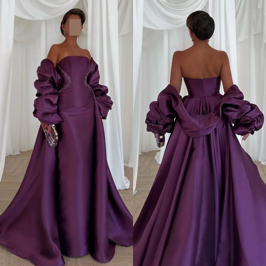 Vestidos largos personalizados con pliegues a juego intrincados, pedrería y lentejuelas, corte en A, sin hombros, hechos a medida para ocasiones especiales, exquisitos