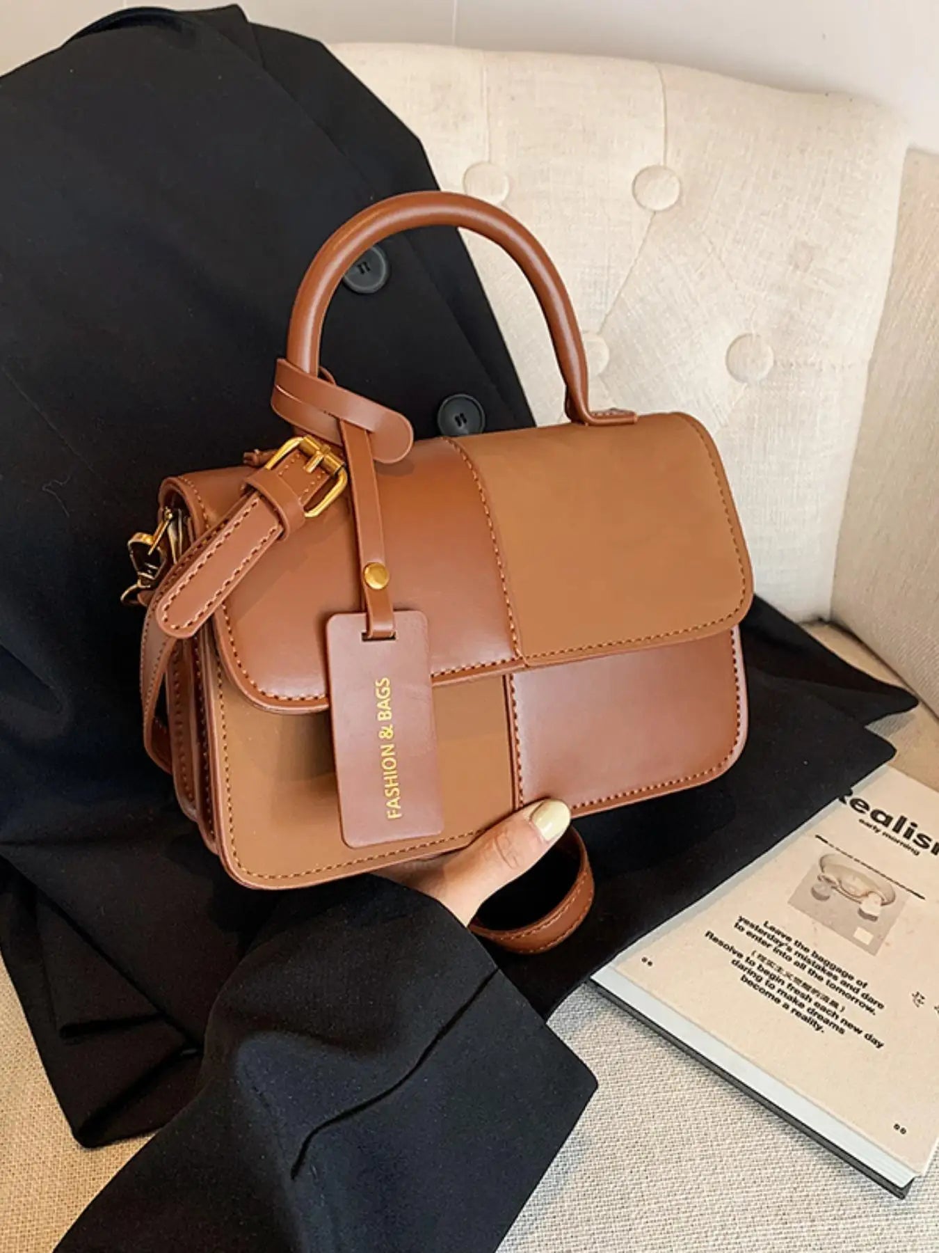 Burgundy PU Leather Bag | Retro Contrasting Color Crossbody Luxegan