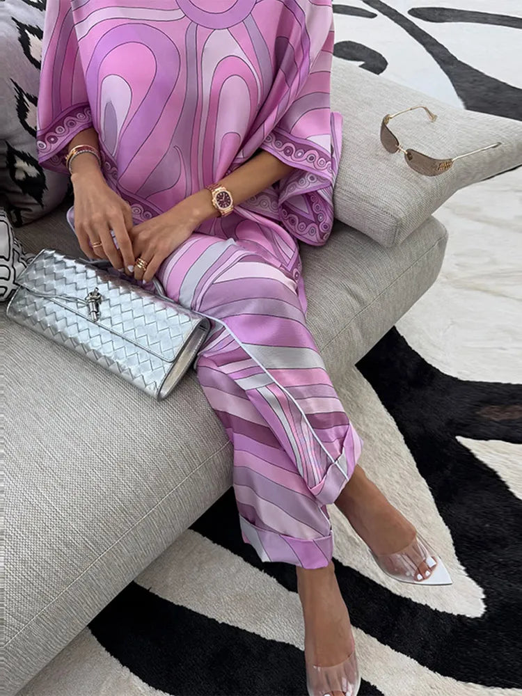 Stripe Print Round Neck Full Batwing Sleeve Loose Fit Sheer Ankle-Length Dress – Available as Dress or 2-Piece Set, Spring/Summer Luxegan