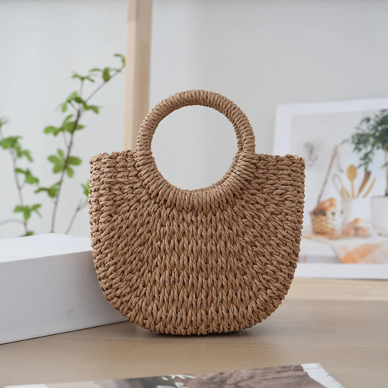 Handmade Moon Straw Beach Bag | Hard Woven Bohemian Tote Luxegan