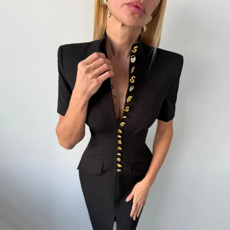 Elegant Solid Buttons Long Dress Women Waist Cinched Shoulder Pads High Collar Slit Dresses 2026 Spring Summer Lady Party Robes