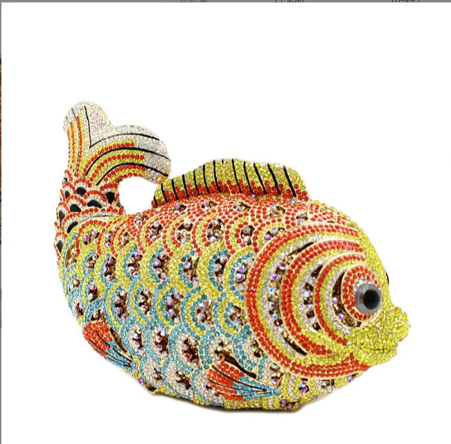 Women's Rhinestone Fish Evening Minaudiere Bag | Luxury Gold Stone Bridal Clutch Purse | Premium Metallic Hard Shell Wedding Handbag | Elegant Genuine Leather Lined Party Dinner Purse Model 01 Luxegan