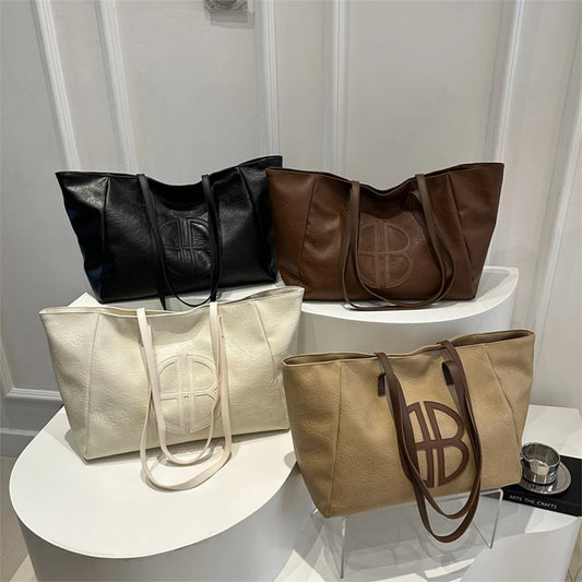 Fashion Women's Solid Color Tote Bag | Large Capacity PU Leather Water-Resistant Shoulder Bag Luxegan