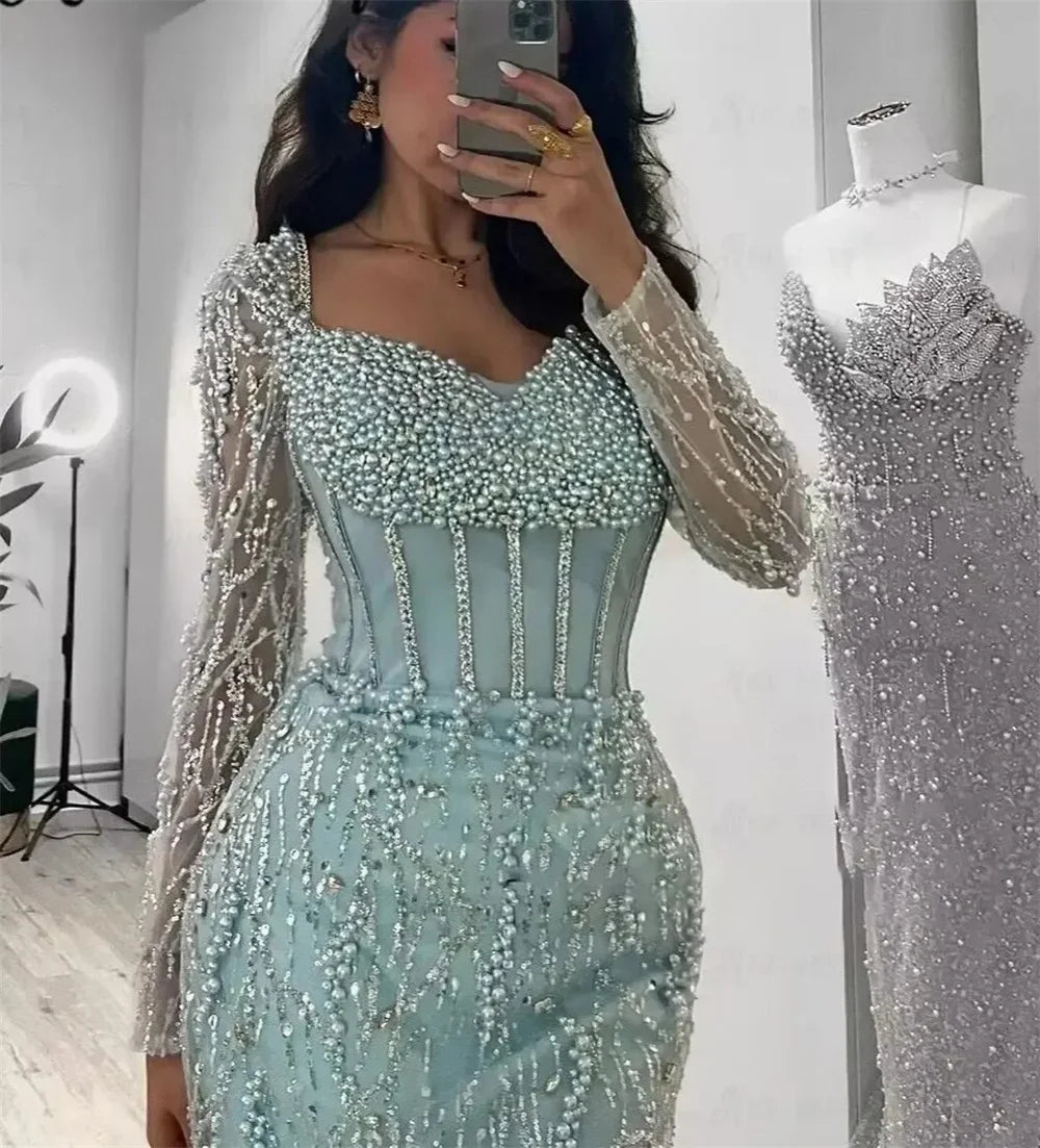 Luxury Mint Green Mermaid Evening Gown | Dubai Heavy Beaded Pearls Formal Party Dress | Exquisite Long Sleeve Illusion Corset Prom Gown | Sequin Satin Ankle-Length Trumpet Dress Luxegan